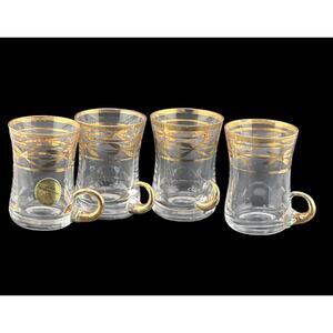 VINTAGE MID CENTURY CORDIALS SHOT GLASSES GOLD STAR PATTERN TRIM BARWARE